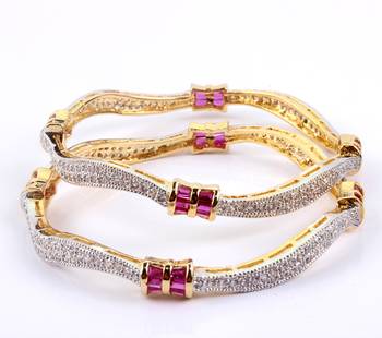 Delightful  Micro Setting Curvy Bangles With Elegant Pink Baguette 1