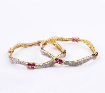 Delightful  Micro Setting Curvy Bangles With Elegant Pink Baguette 2