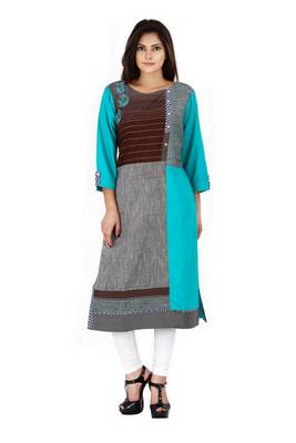 Turquoise printed Rayon stitched kurti 4
