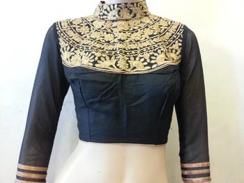 Black dupion silk highneck zari embroidered blouse 2