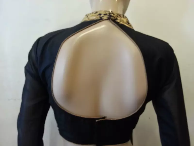 Black dupion silk highneck zari embroidered blouse