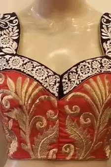 Red rawsilk and black velvette embroidered blouse