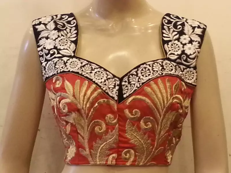 Red rawsilk and black velvette embroidered blouse