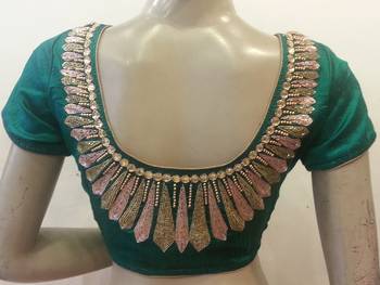 Seagreen rawsilk handwork blouse 1