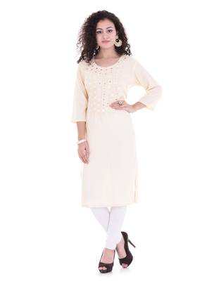 beige printed Rayon stitched kurti 1