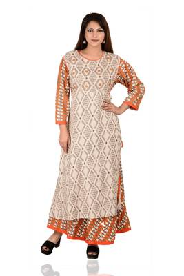 beige printed Rayon stitched kurti 1