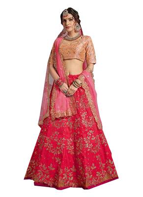 Red Embroidered



 Silk Unstitched Lehenga 1