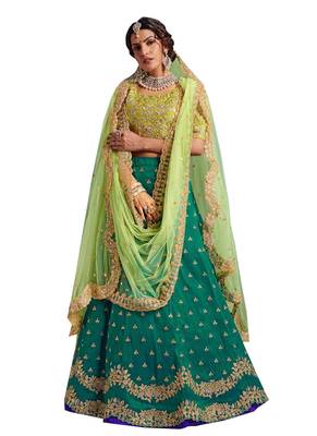 Green Embroidered
 Silk Unstitched Lehenga 1