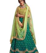 Green Embroidered
 Silk Unstitched Lehenga