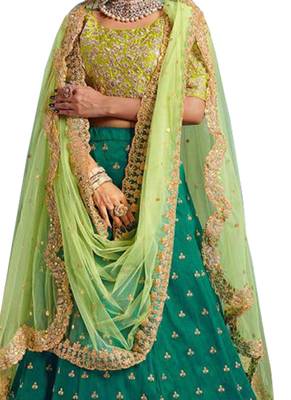 Green Embroidered
 Silk Unstitched Lehenga 2
