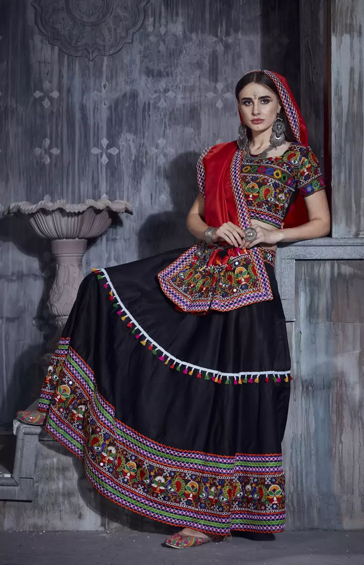 Black and red gamthi hand embroidered cotton traditional dandiya raas garba navratri lehenga for festival