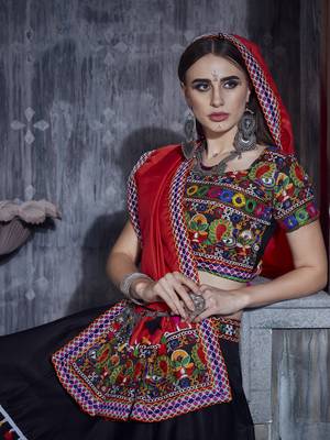 Black And Red Gamthi Hand Embroidered Cotton Traditional Dandiya Raas Garba Navratri Lehenga For Festival 2