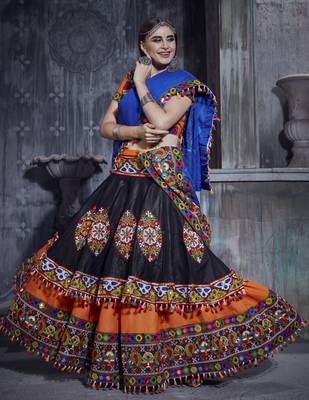 Orange And Black Gamthi Hand Embroidered Cotton Traditional Dandiya Raas Garba Festival Lehenga For Navratri 1