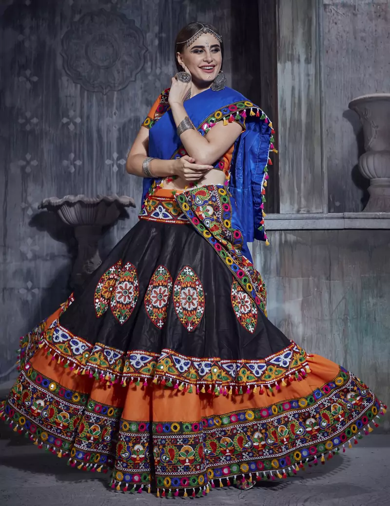 Orange and black gamthi hand embroidered cotton traditional dandiya raas garba festival lehenga for navratri