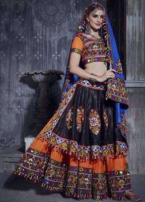 Orange And Black Gamthi Hand Embroidered Cotton Traditional Dandiya Raas Garba Festival Lehenga For Navratri 3