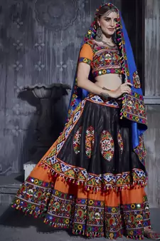 Orange And Black Gamthi Hand Embroidered Cotton Traditional Dandiya Raas Garba Festival Lehenga For Navratri