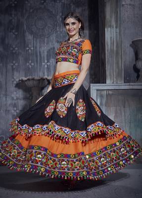 Orange And Black Gamthi Hand Embroidered Cotton Traditional Dandiya Raas Garba Festival Lehenga For Navratri 4
