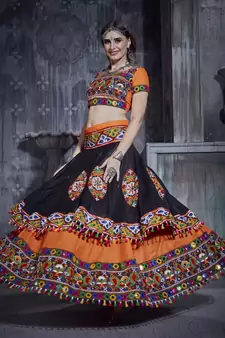Orange And Black Gamthi Hand Embroidered Cotton Traditional Dandiya Raas Garba Festival Lehenga For Navratri