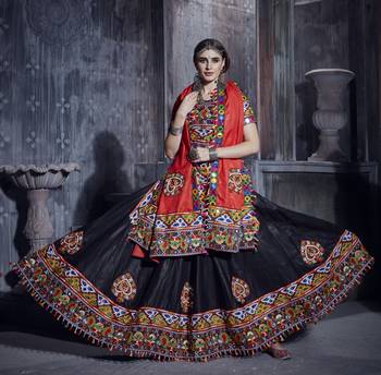 Black and red gamthi hand embroidered cotton semi stitched navratri garba lehenga choli 1