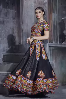 Black and red gamthi hand embroidered cotton semi stitched navratri garba lehenga choli