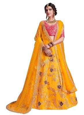 Yellow Embroidered
 Silk Unstitched Lehenga 1