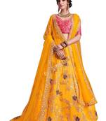 Yellow Embroidered
 Silk Unstitched Lehenga