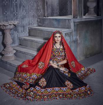 Black and red gamthi hand embroidered cotton semi stitched navratri garba lehenga choli 3