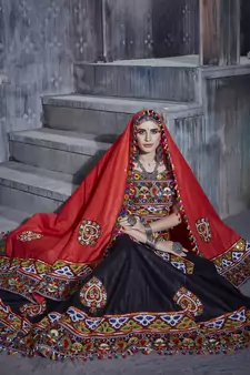 Black and red gamthi hand embroidered cotton semi stitched navratri garba lehenga choli