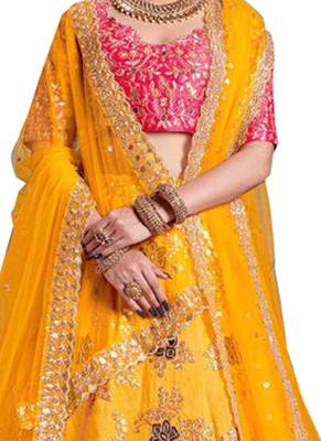 Yellow Embroidered
 Silk Unstitched Lehenga 2