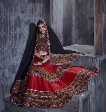 Red and black gamthi hand embroidered cotton traditional dandiya raas garba lehenga for navratri collection online 1