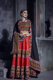Red and black gamthi hand embroidered cotton traditional dandiya raas garba lehenga for navratri collection online