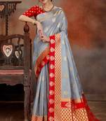 Grey With Red Border woven Silk blend Saree with blouse