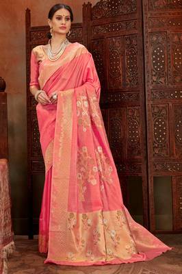 Peach woven Silk blend Saree with blouse 1