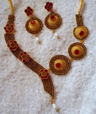 Traditional AD Zircon Stone Green and Red Fancy Stylish Party Wear Wedding necklace earring set with pearl 1