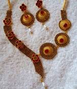 Traditional AD Zircon Stone Green and Red Fancy Stylish Party Wear Wedding necklace earring set with pearl