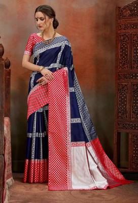 Navy Blue woven Silk blend Saree with blouse 1
