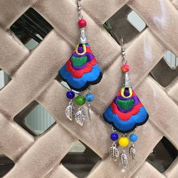 Women Traditional Silver Plated Oxidised Lightweight Multi-Color Embroidery Floral & Leaf Beads Hook Earrings Jewellery 1