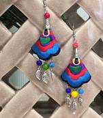 Women Traditional Silver Plated Oxidised Lightweight Multi-Color Embroidery Floral & Leaf Beads Hook Earrings Jewellery