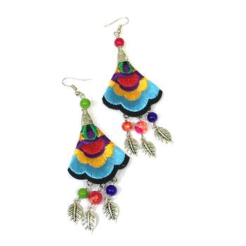 Women Traditional Silver Plated Oxidised Lightweight Multi-Color Embroidery Floral & Leaf Beads Hook Earrings Jewellery 2