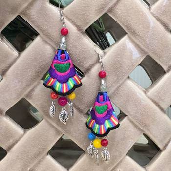 Women Traditional Silver Plated Oxidised Lightweight Multi-Color Embroidery Floral & Leaf Beads Hook Earrings Jewellery 1