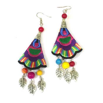 Women Traditional Silver Plated Oxidised Lightweight Multi-Color Embroidery Floral & Leaf Beads Hook Earrings Jewellery 2