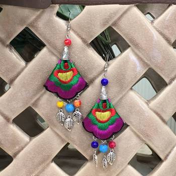 Women Traditional Silver Plated Oxidised Lightweight Multi-Color Embroidery Floral & Leaf Beads Hook Earrings Jewellery 1