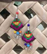 Women Traditional Silver Plated Oxidised Lightweight Multi-Color Embroidery Floral & Leaf Beads Hook Earrings Jewellery