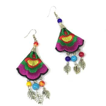 Women Traditional Silver Plated Oxidised Lightweight Multi-Color Embroidery Floral & Leaf Beads Hook Earrings Jewellery 2