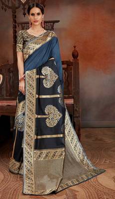 Navy Blue woven Silk blend Saree with blouse 1