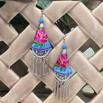 Women Traditional Silver Plated Oxidised Lightweight Multi-Color Embroidery Floral And Beads Hook Earrings Jewellery 1