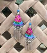 Women Traditional Silver Plated Oxidised Lightweight Multi-Color Embroidery Floral And Beads Hook Earrings Jewellery