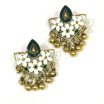 Women Traditional Jewellery Gold Plated Oxidised Alloy Stud Earrings Green Floral Enamel Work Ghungroo Earrings 1