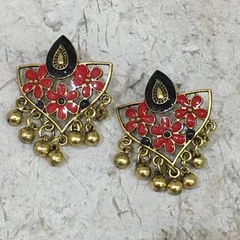 Women Traditional Jewellery Gold Plated Oxidised Alloy Stud Earrings Black & Red Floral Enamel Work Ghungroo Earrings 1