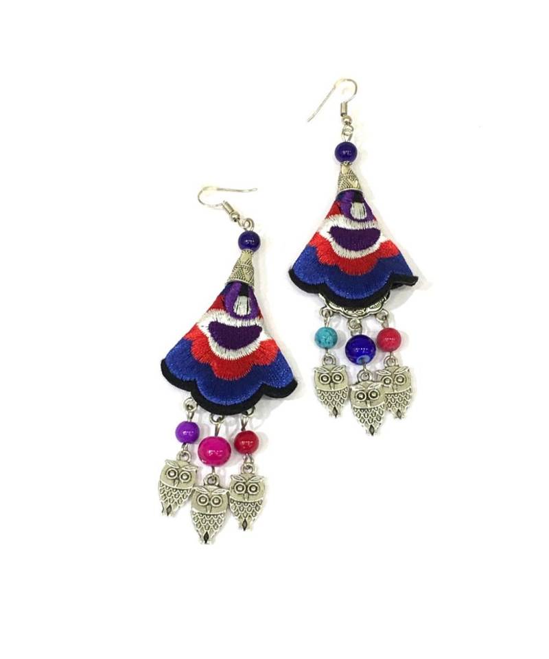 Women Traditional Silver Plated Oxidised Lightweight Multi-Color Embroidery Floral & Owl Beads Hook Earrings Jewellery